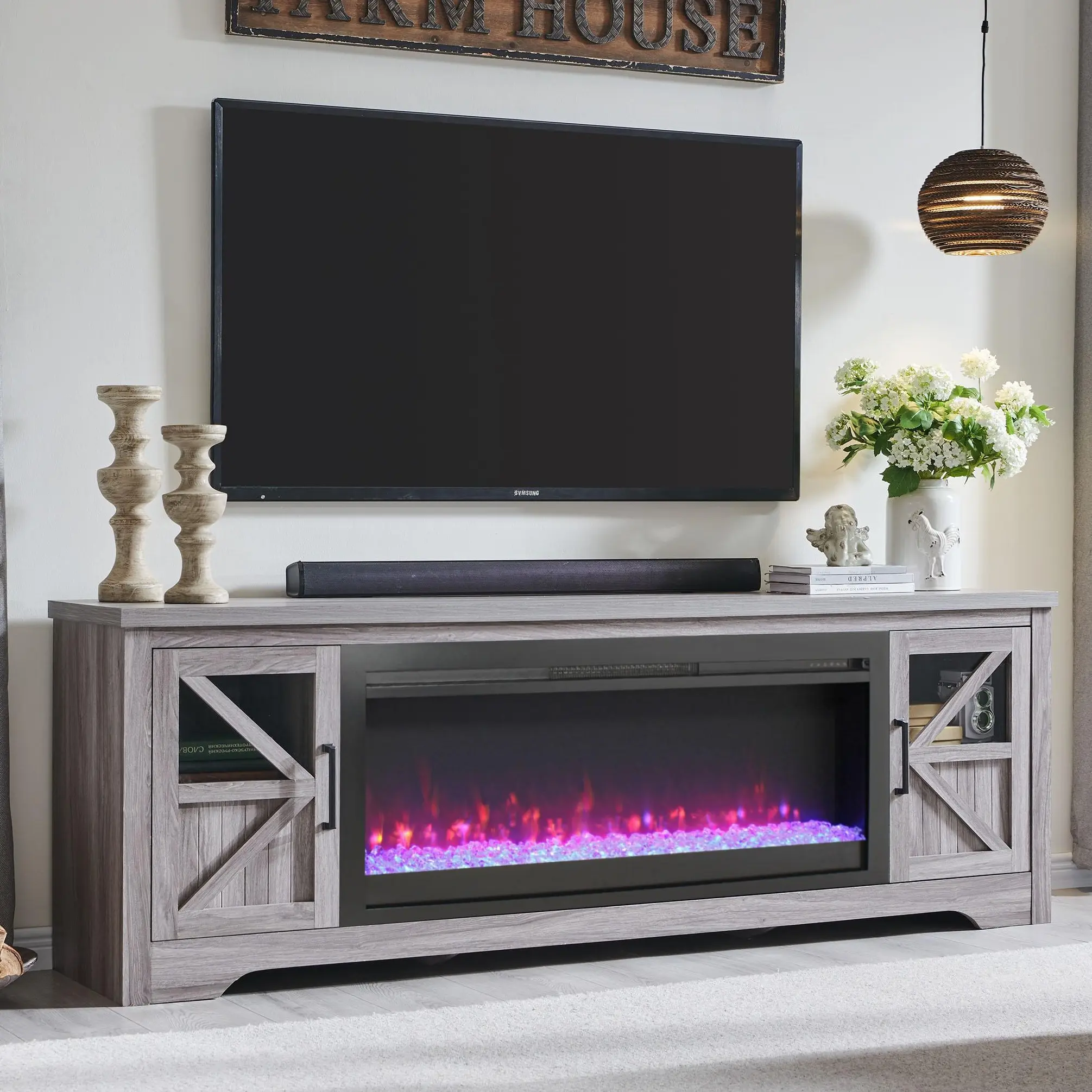 Eyisean 75" Rustic Fireplace TV Stand for TVs up to 85", Farmhouse Entertainment Center with 44" Fireplace Heater, 3D Flame Effect and Adjustable Temperature, TV Console Table for Living Room