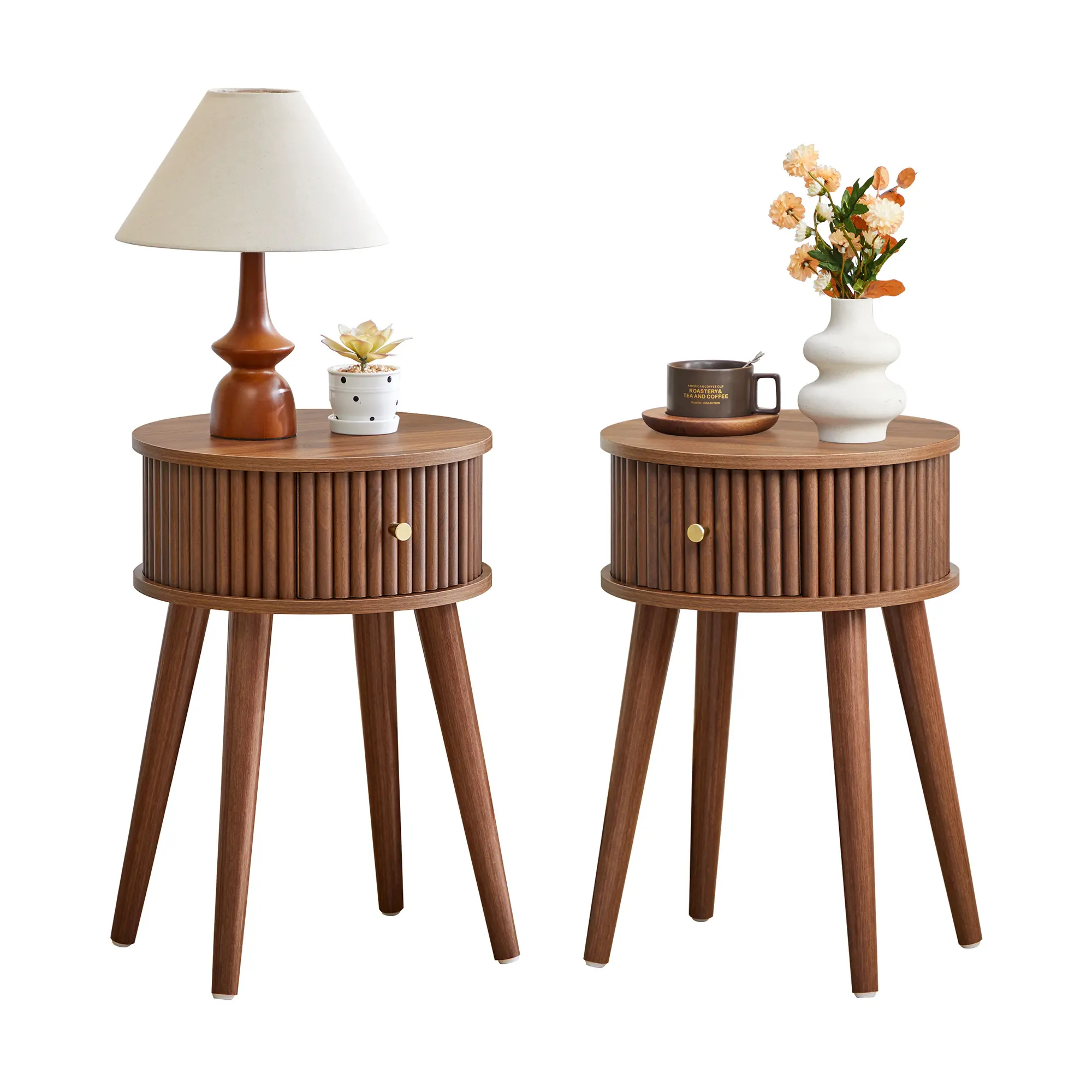 Giratree Small Round Side Table with Drawer, Fluted Cricle End Table, Mid-Century Modern Wooden Bedside Table Round Nightstand Small Sofa Side Table for Living Room
