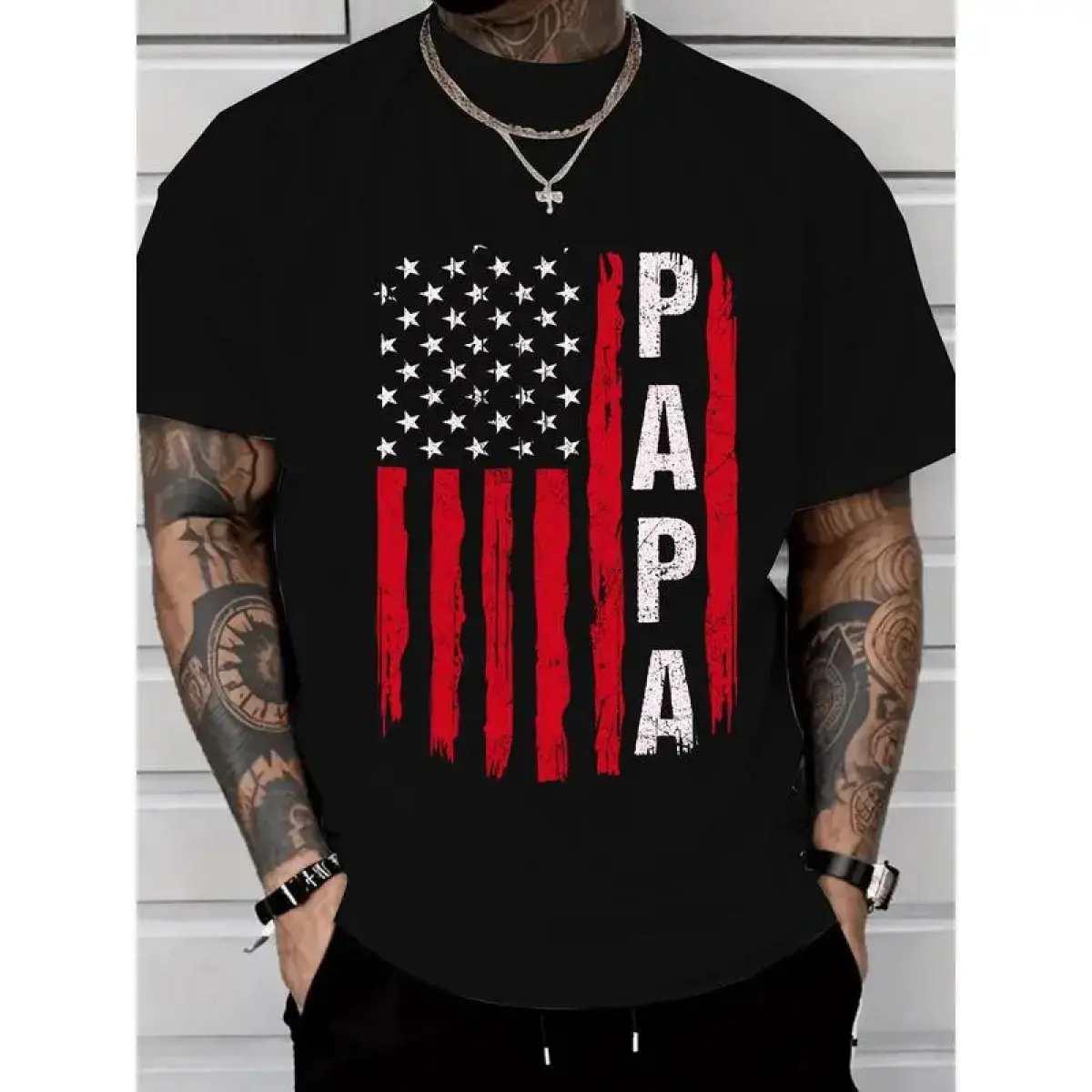 Men's Short Sleeve Round Neck T-Shirt - Menswear, Distressed American Flag Graphic, Patriotic Streetwear, Casual Commuter Wear with Subtle Anime Gothic Grunt Style Western Design