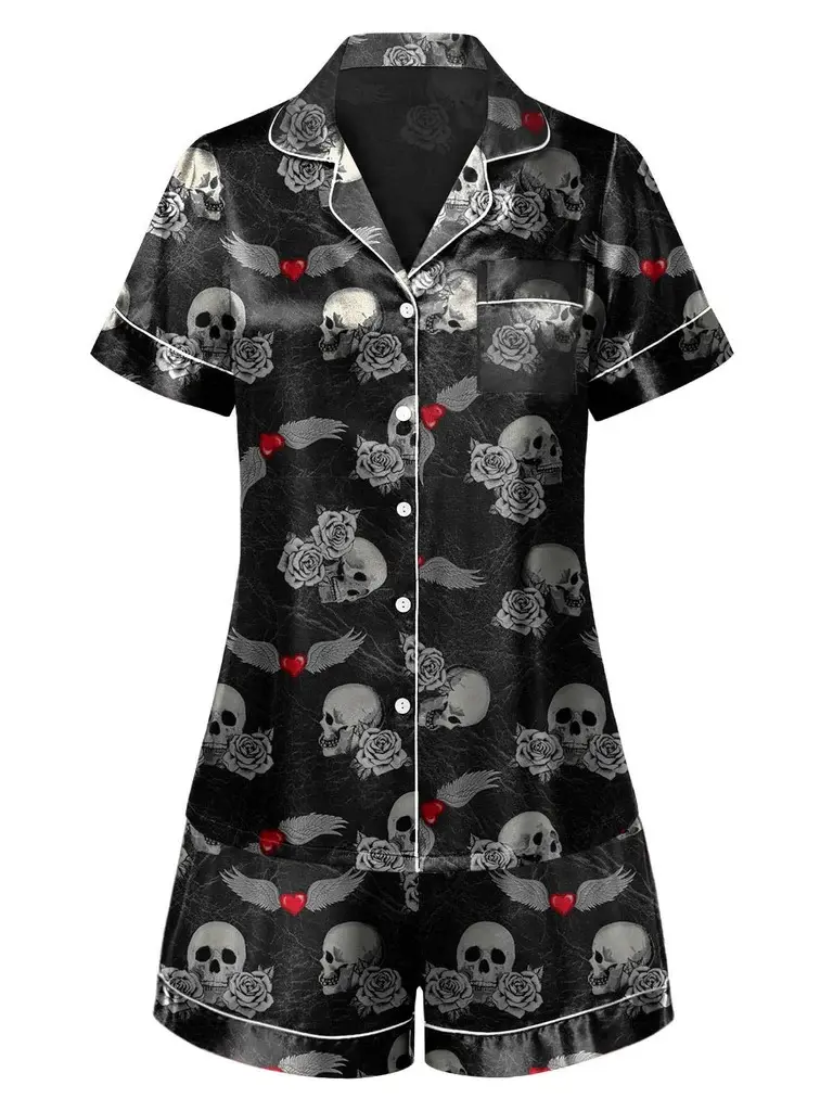 RETRO STAGE Women's Pajama Set, Vintage 70s Rose Skull Print Polyester Sleepwear with Short-Sleeve Button-Front Top and Shorts, Shortsleeve, Pyjamas, Lady