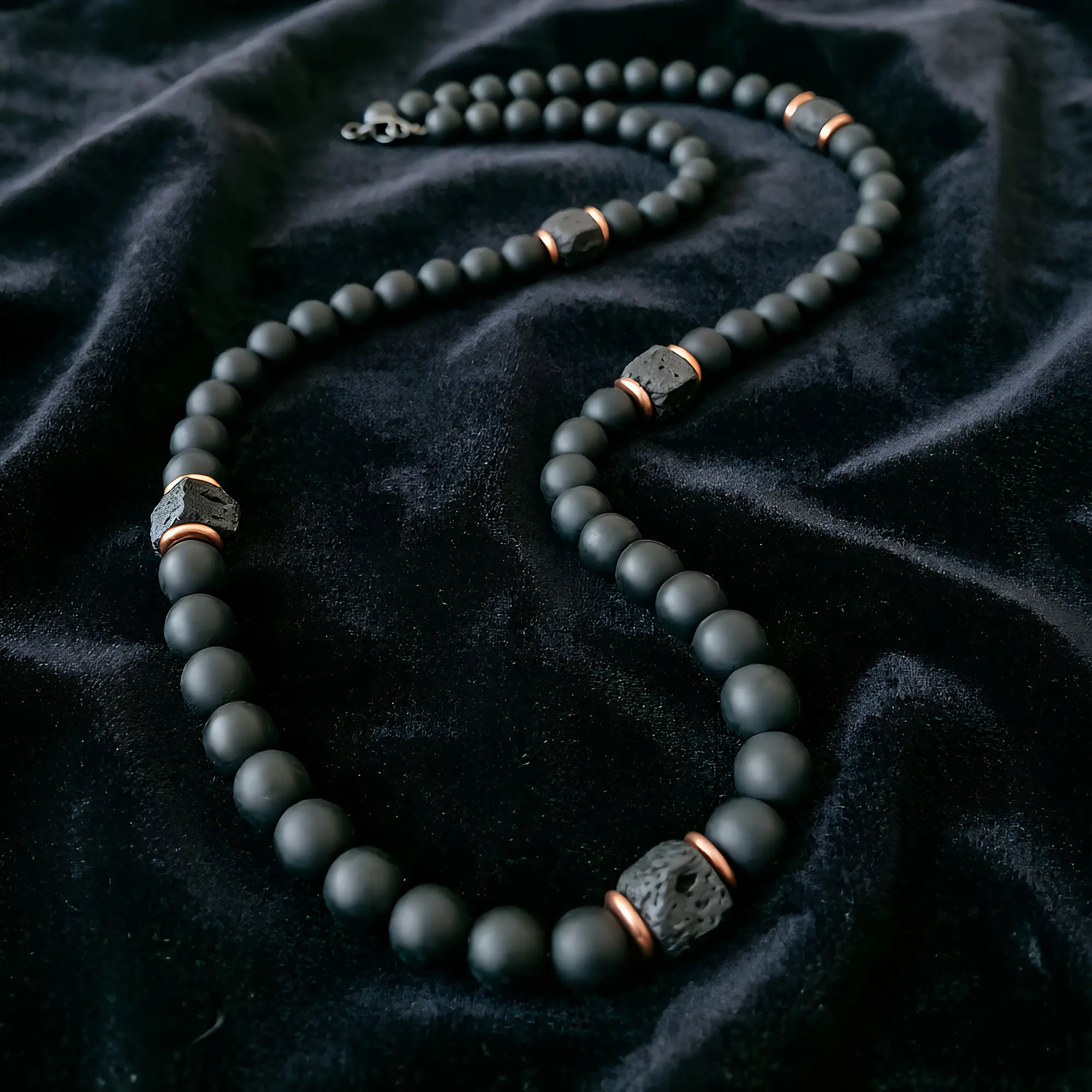 10mm Natural Black Onyx & Lava Stone Necklace, 25 Inch Matte Black Beaded Necklace, Grounding Protection Crystal Jewelry