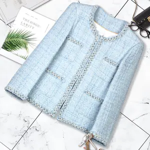 DUSHE Women's Fitted Cut Coats, Elegant Chic Pearl Blue Coarse Tweed Round Neck Long-Sleeved Medium-Length High-End Hook Closure Jacket,summervibes