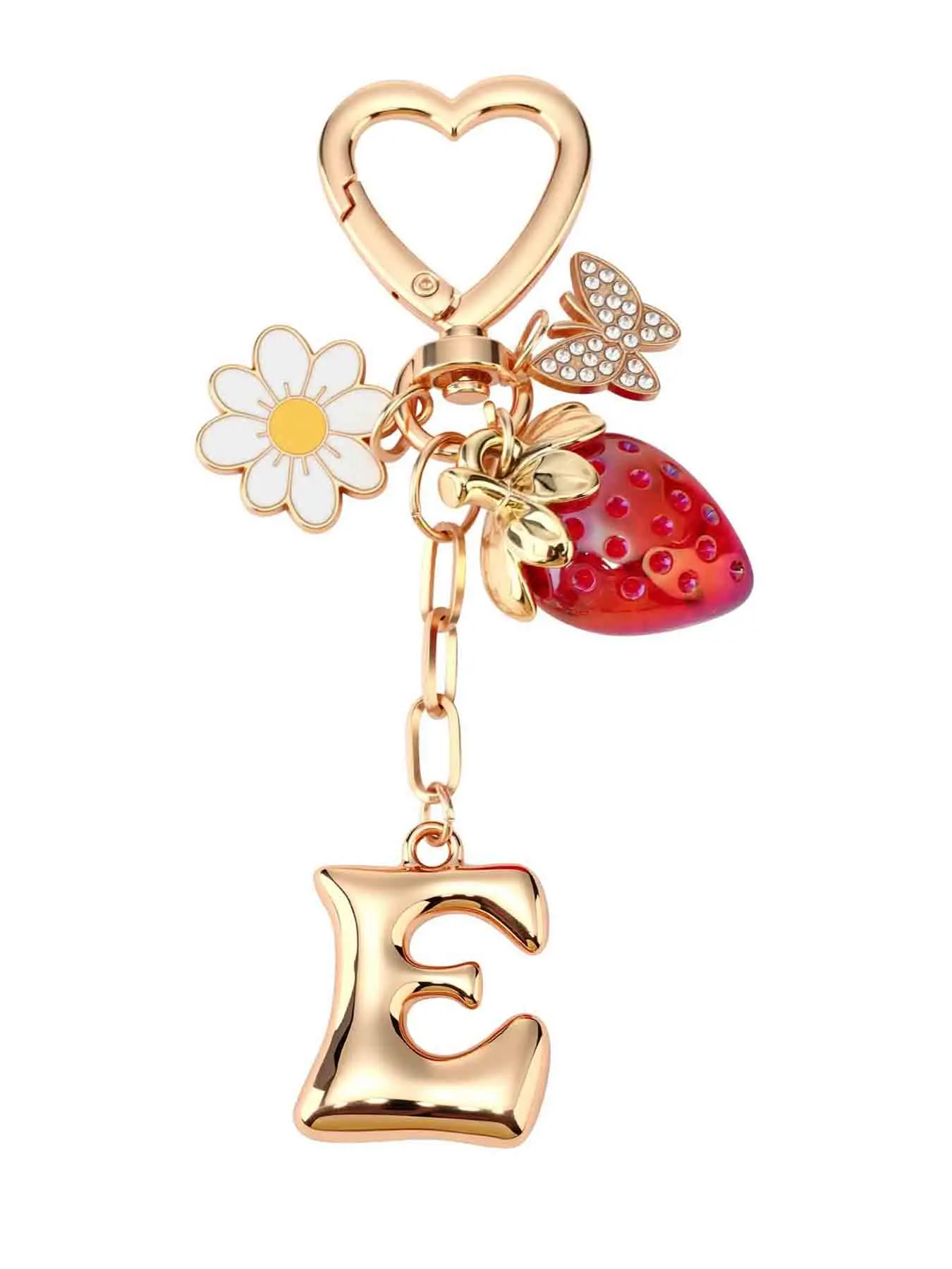 Strawberry Initial Keychain for Women-Cute Kawaii Gold Alphabet Bag Charms, Key chain Gift for Purse Handbag, Keychain for Bags, Metal Keychain, Cute Keychains