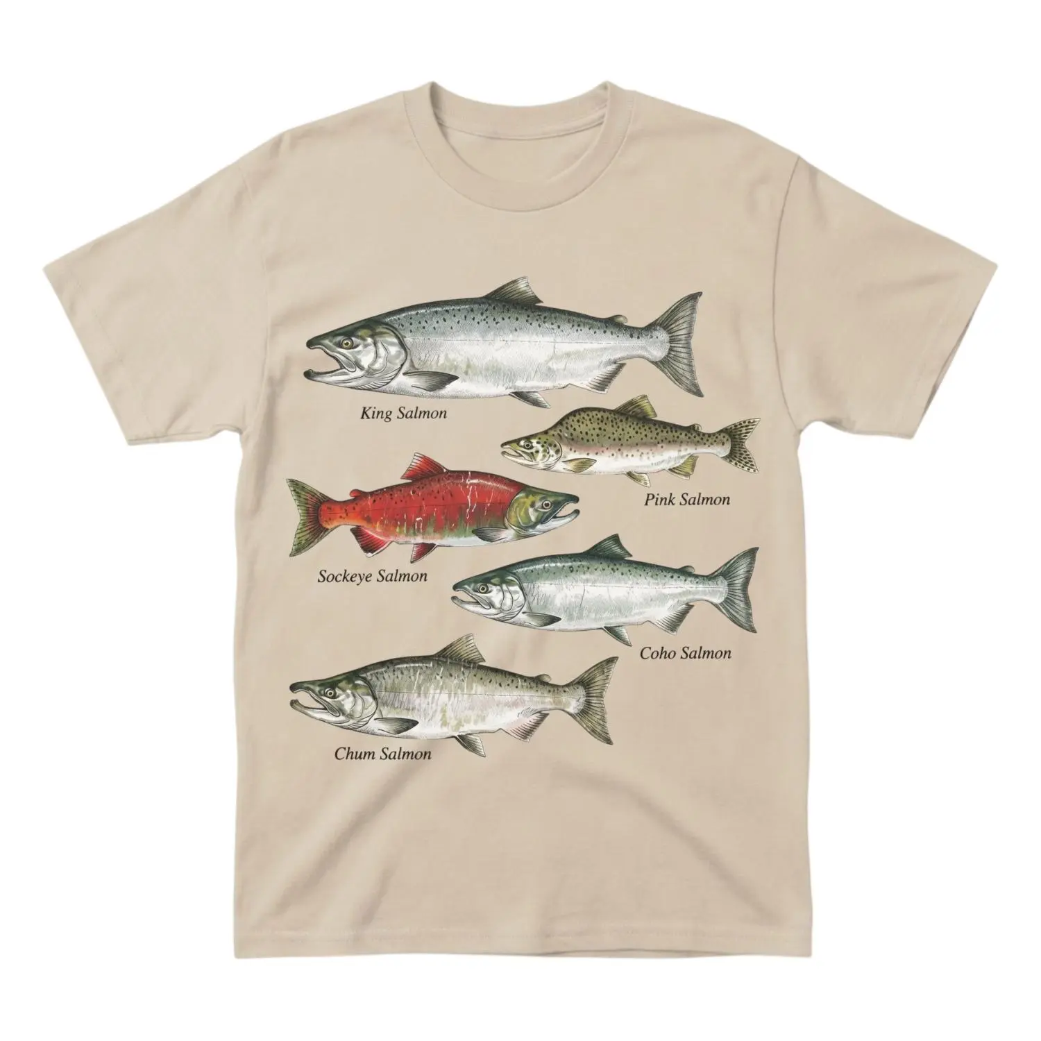 Vintage Salmon Fishing Shirt, King Sockeye Coho Chum Pink Salmon Species Graphic Tee, Unisex Cotton Angler Nature Gift for Fishermen