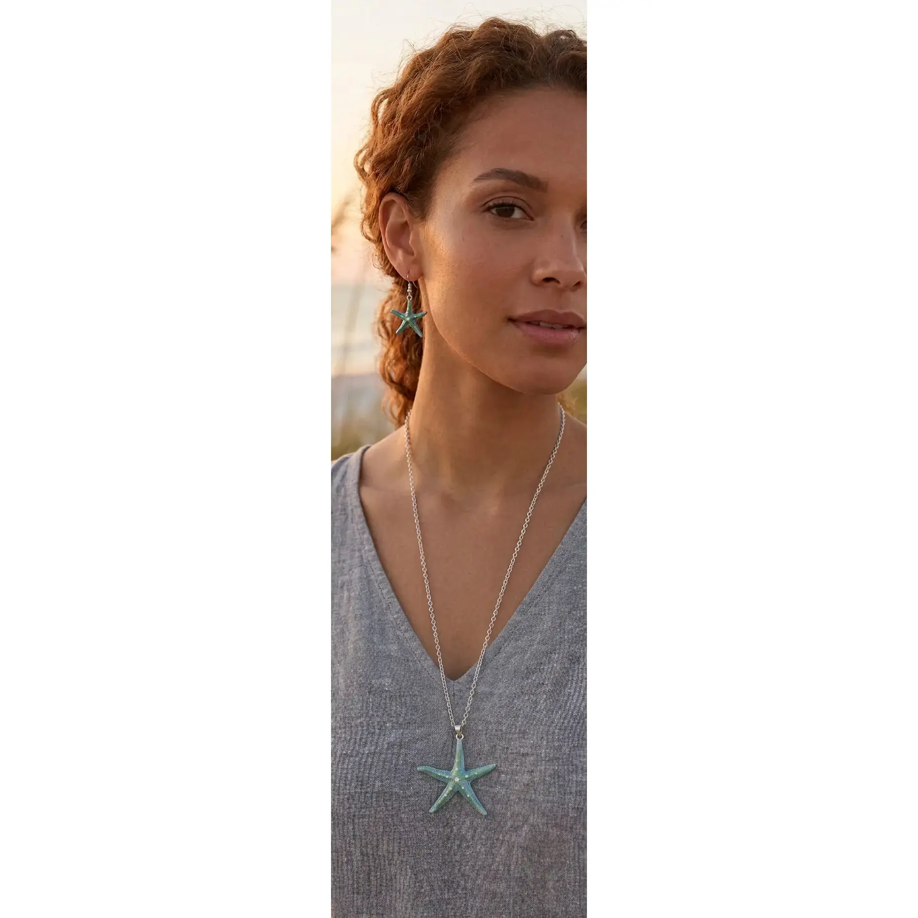 Adults' Coastal Artisanal Matching Jewelry Set - 1 Starfish Pendant Necklace with Classic Cable Chain, 1 Pair Starfish Drop Earrings, Silver-Tone with Seafoam Green Enamel Finish, Colorful Enamel Costume Accessories, Matching Sets, Colorful Jewelry Sets