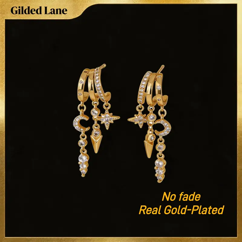 Gold Dangle Earrings for Women, 14k Gold Plated Stacked Triple Hoop Illusion Earrings Cubic Zirconia Huggie Earrings for Women Trendy