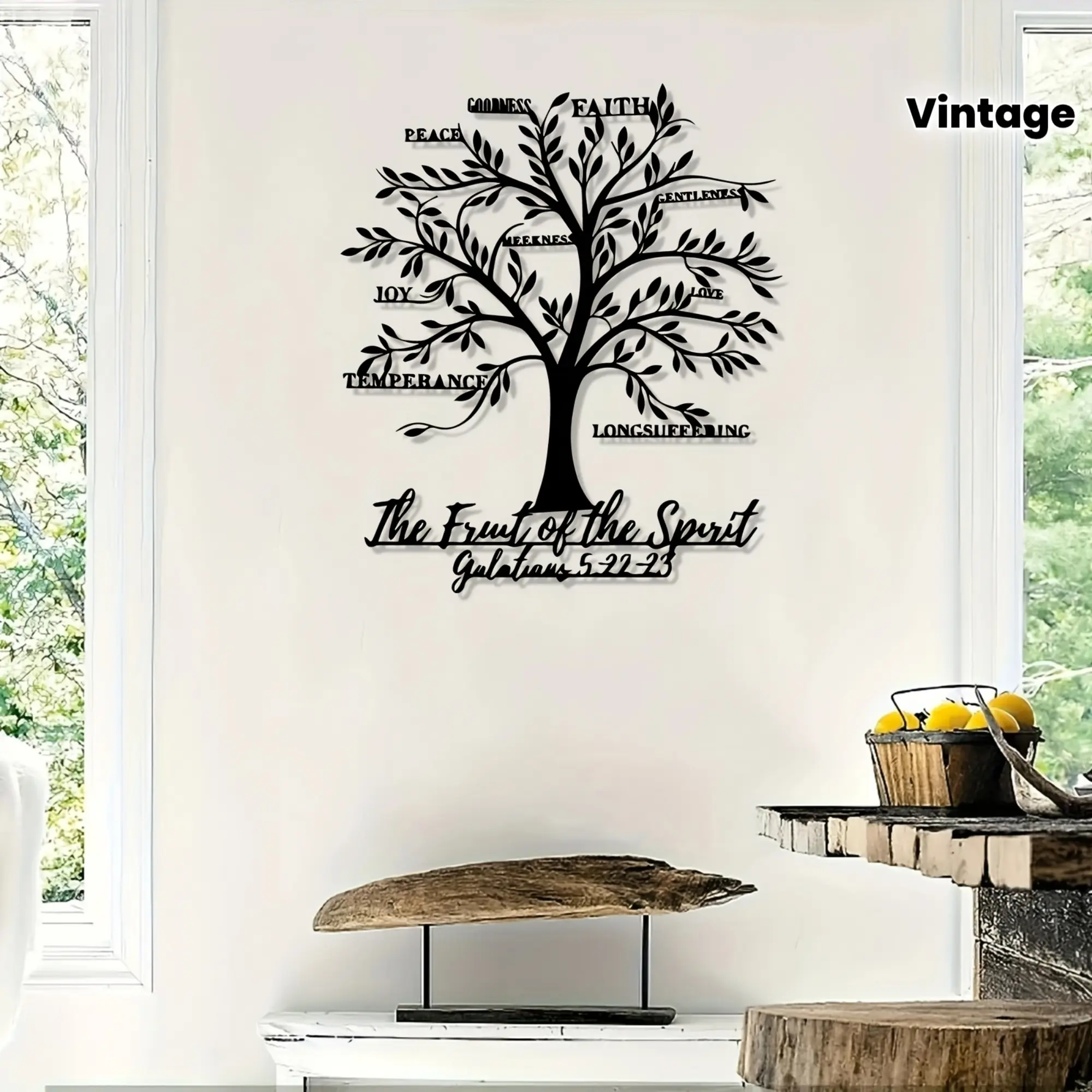 A vintage Tree of Life metal mural, iron statue mural with the scripture 'Fruit of the Holy Spirit', waterproof, perfect for kitchen walls, perfect gift for religious enthusiasts, home decor, Religious wall art, Stylish Religious Decor