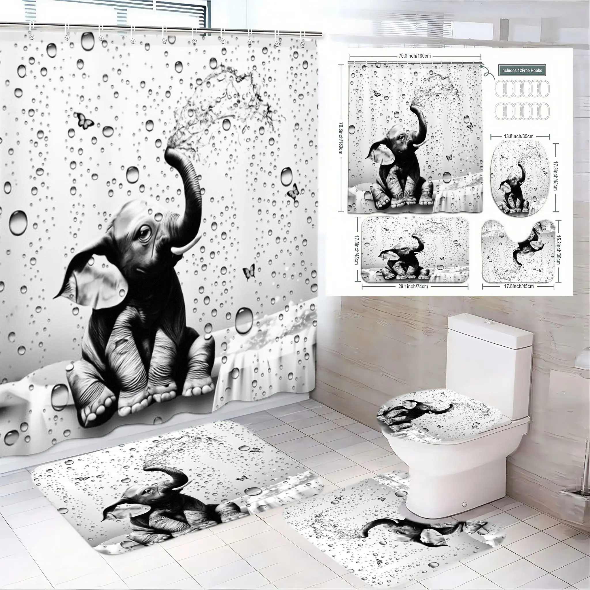 4pcs and Baby Elephant Bathroom Decor Set, Playful Elephant Calf Spraying Water Shower Curtain Sets, The floor mat fabric is thicker and softer! Perfect for Charming Holiday Bathroom Makeover Bathroom Supplies