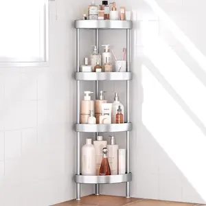 Corner Shower Stand-4 Tier Rustproof Anodized Aluminum Standing Shower Organizer-Shower Corner-Dual Stability to Anti-Shaking--Legs for Uneven Surfaces-Silver
