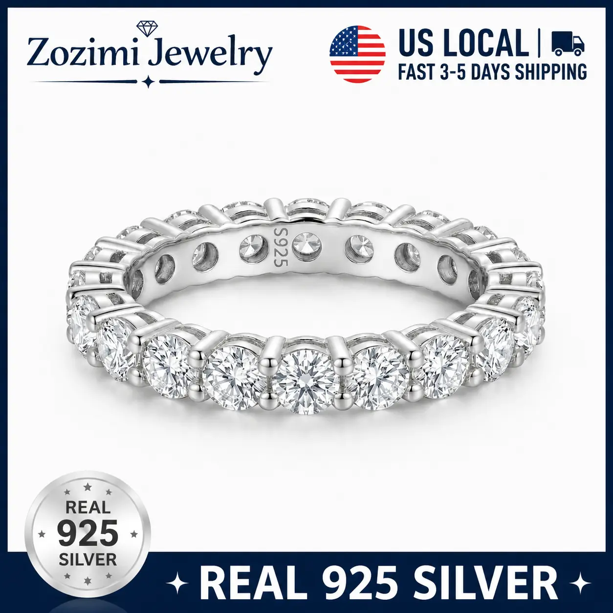 Zozimi 925 Sterling Silver Round Cut Full Eternity Stackable Band high quality 5A Grade Cubic Zirconia Ring for Men and Women, Women and Men's Engagement Jewelry Anniversary Gift, All-match Fashion Accessories for Daily wear, Birthday, Wedding