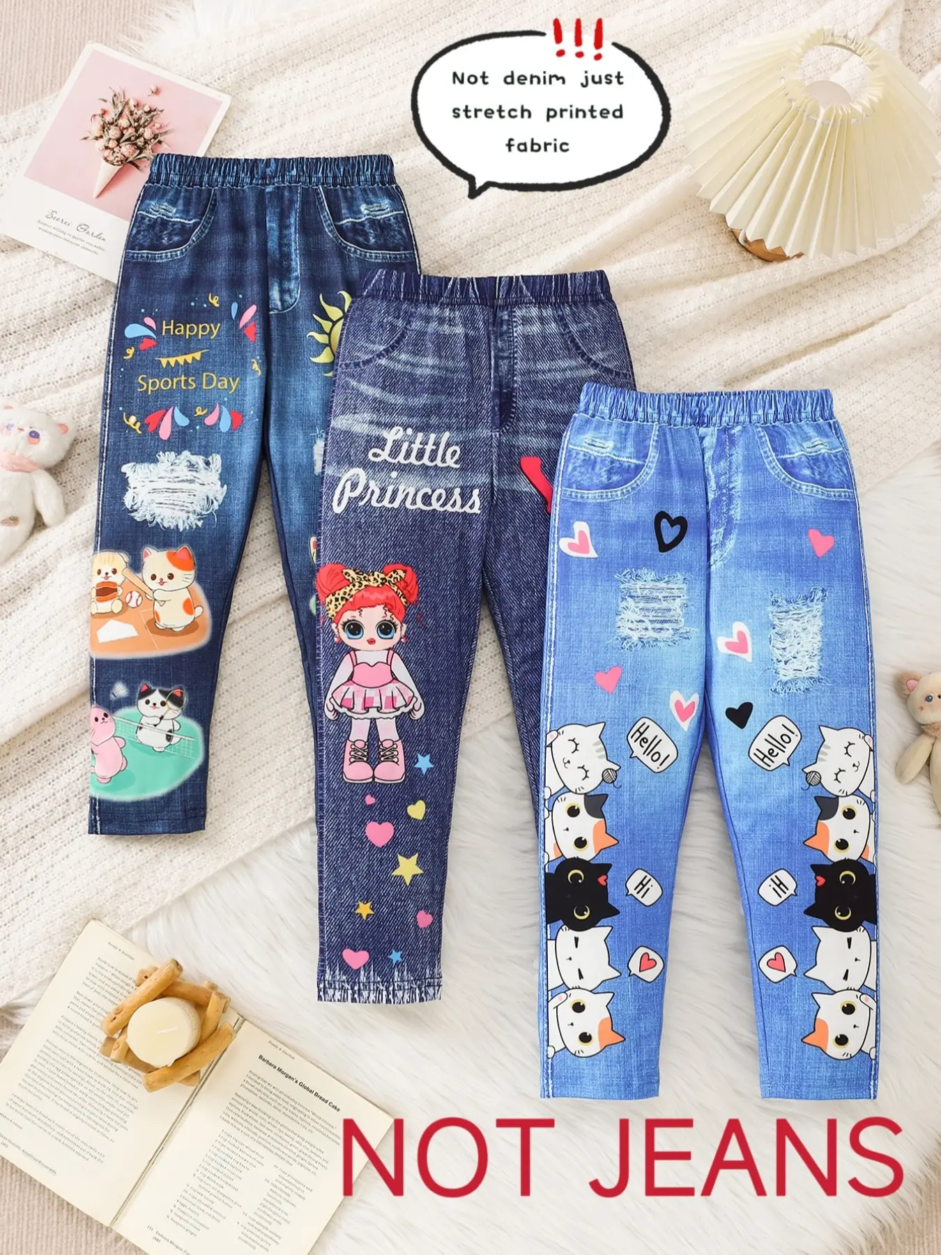 3-piece girls' pants set, cute cartoon cat & heart prints on soft stretch denim-look fabric, Elastic Waisted Pants, elastic waist for easy wear, perfect for outdoor play, biking, daily adventures, comfy, stylish, ideal princess gift, Kittie Pant