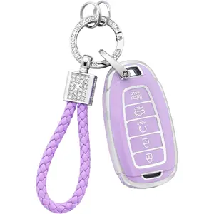 Key Fob Cover Fit for Elantra 2023 2022 2021 Palisade 5 Button Car Keys Case Shell Protector Full Covers Purple Bling Keychain Accessories Girly Women Cute TPU
