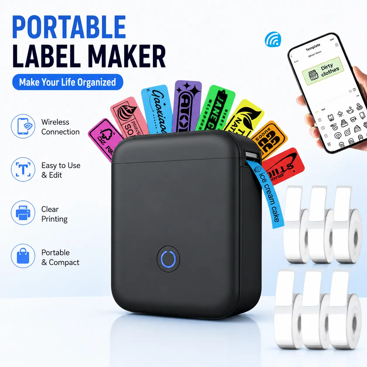 Thermal Label Printer, Mini Pocket-Sized Wireless Label Maker with 6 Rolls of Paper, Compatible with iOS & Android Devices, Ideal for Home Organisation & Kitchen Pantry Use