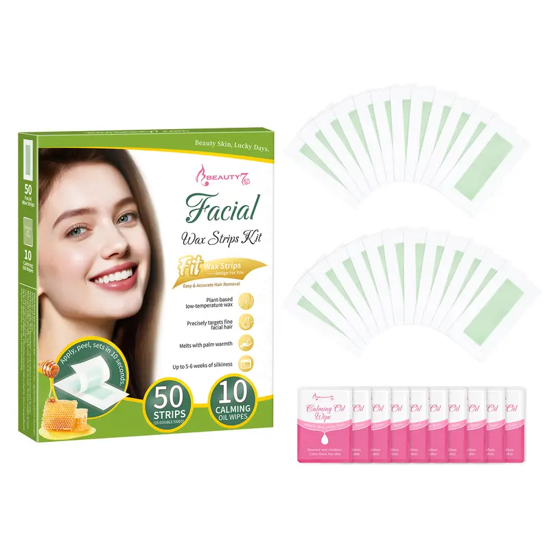 Beauty7 Facial Cold Wax Strips Kit - 50 Unscented Gentle Strips, Plant-Based Beeswax Blend, Skin-Safe for Sensitive Skin, Smooth Hair Removal for Face & Eyebrow, Warm Before Use, Body Care Waxing