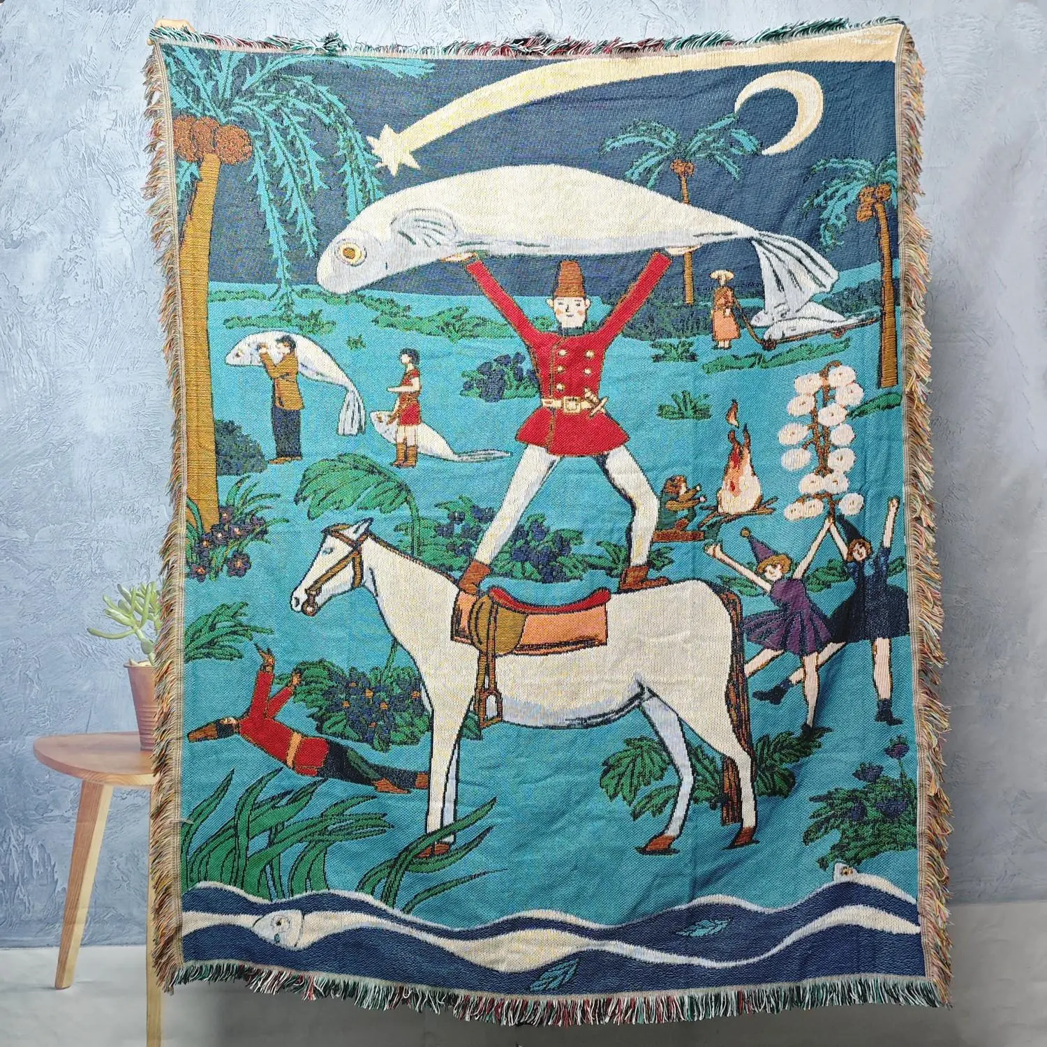 Fishing Pattern Tapestry, Durable Decorative Tapestry, Bohemian Style Tassel Decor Throw Blanket, Soft Warm Napping Blanket for Home Sofa Bed Office Travel Camping