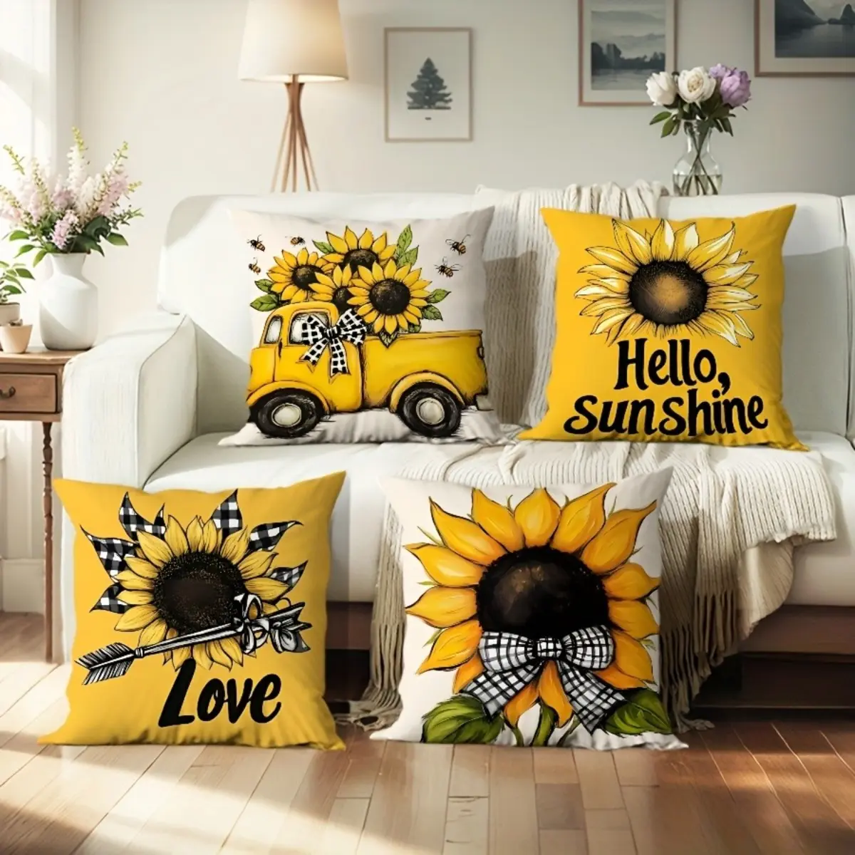 4PCs Spring Yellow Sunflower Bee Butterfly Pillowcases, Perfect for Party and Holiday Gifts