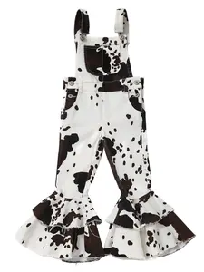 Girls Cow Print Denim Flare Overall Pants