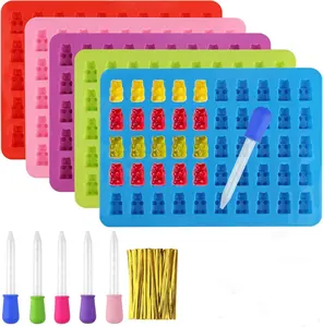 5Pcs Gummy Bear Moulds Silicone with 5 Pipettes, 100 Twist Bars, Gummy Bear Making Set Suitable for Making Chocolate, Sweets, Jelly, Ice Cubes, Biscuits and Other Snacks or Desserts Muffin Maker