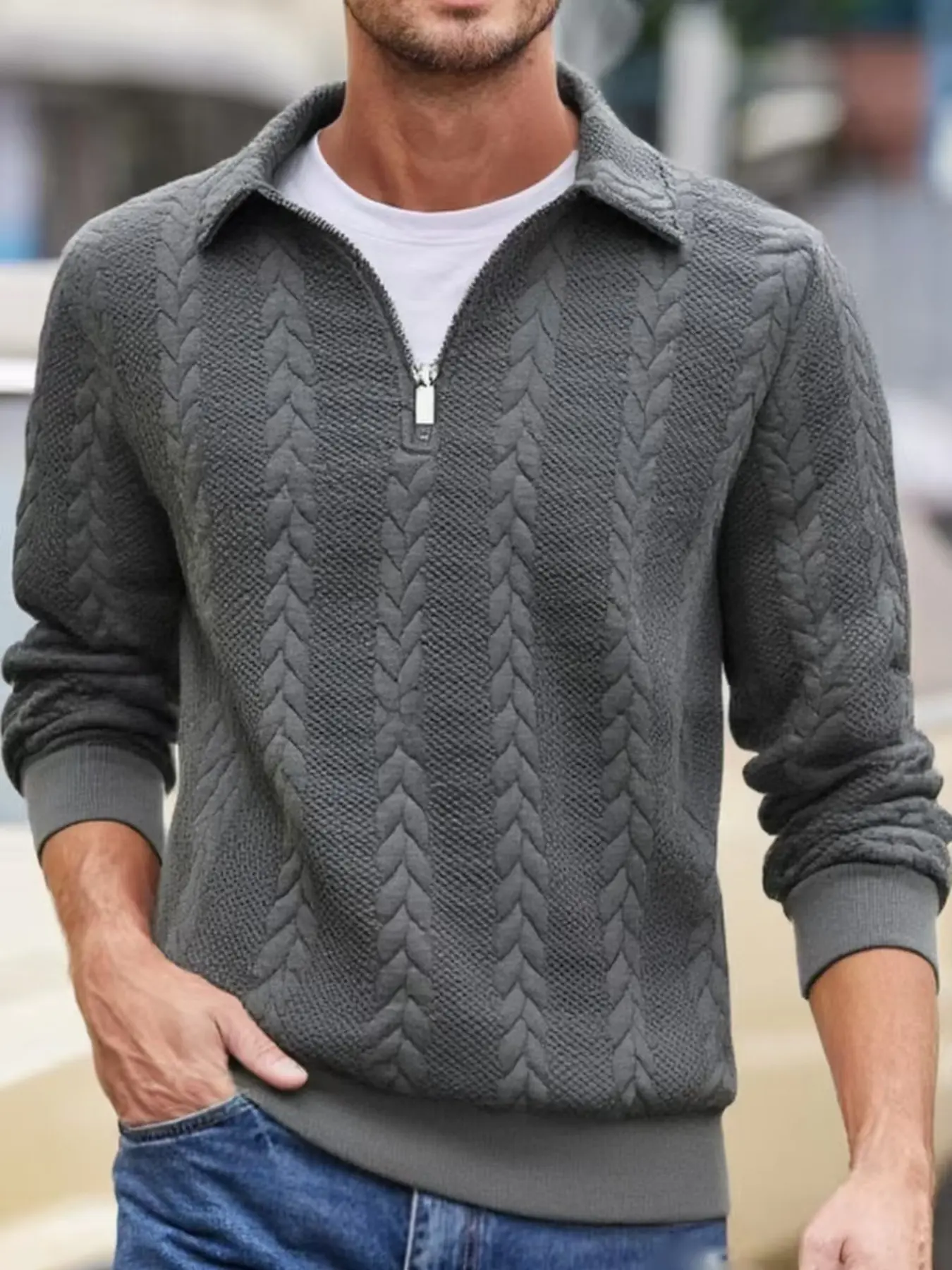 Men's solid-color, Plain semi-open zipper sweatshirt, warm, windproof and comfortable, casual long-sleeved lapel knitted jacquard sweatshirt, suitable for autumn and winter wear, men's daily outfit Knitwear
