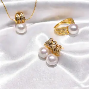 Set11-Miki M S925 Natural Pearls Set Necklace Earring Ring Pearls Set Genuine Pearl Set with Sterling Silver Material Pearl Pendant Set