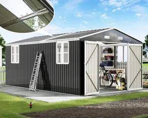 【Ships in 3 Boxes】AMERLIFE Galvanized Steel Storage Shed with 2 4-Pane Windows Hinged Double Doors, Outdoor Shed for Backyard, Garden, Patio, Dark Grey/White- Ships in 3/4 Boxes