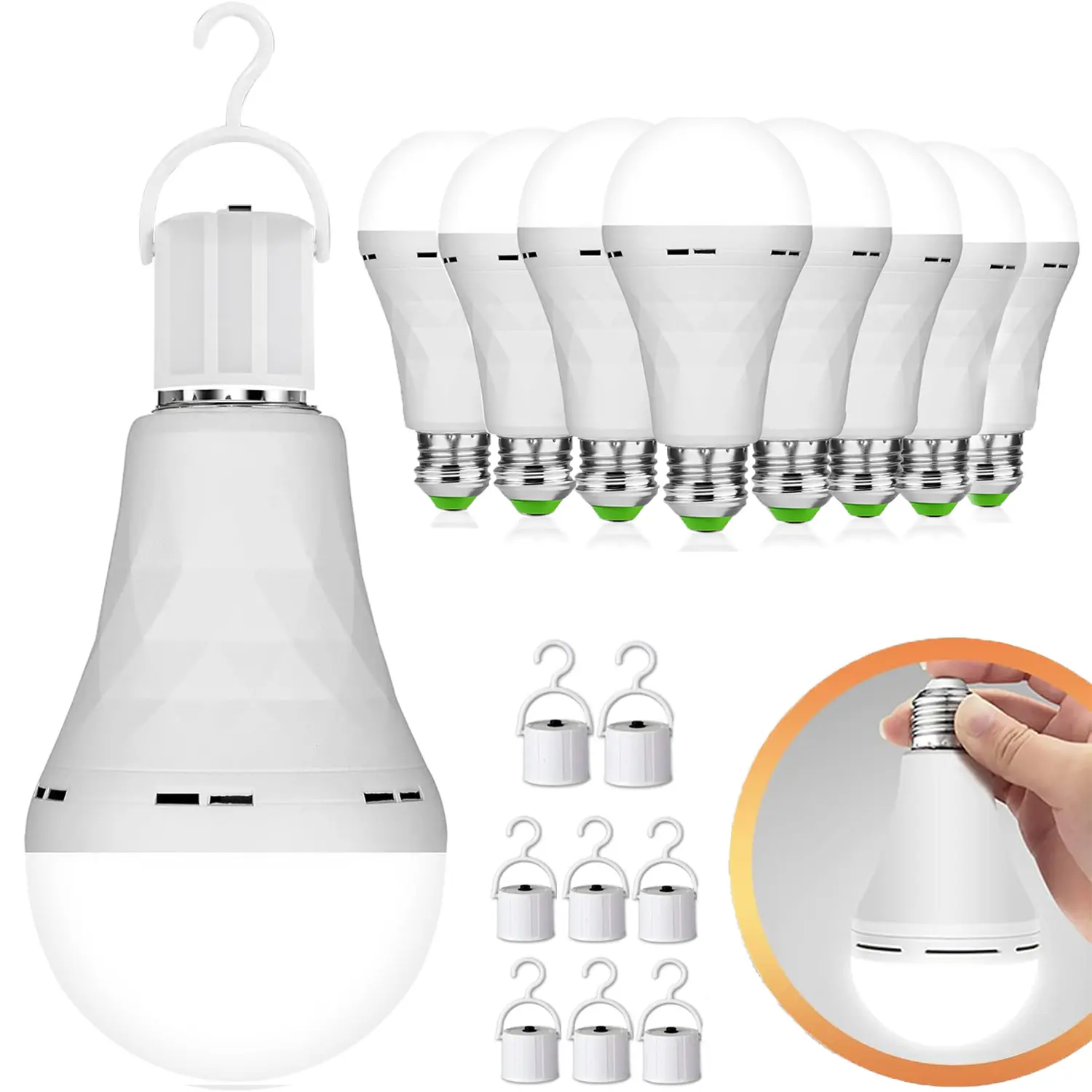 4/6/8/10 Pack Rechargeable Emergency Light Bulbs A19, Camping Lamp Battery Powered LED Light Bulb 3000K Daylight E26 E27 15W Equivalent 60W with 1200mAh for Home Power Outage Camping Hurricane incandescent light emergency light bulb