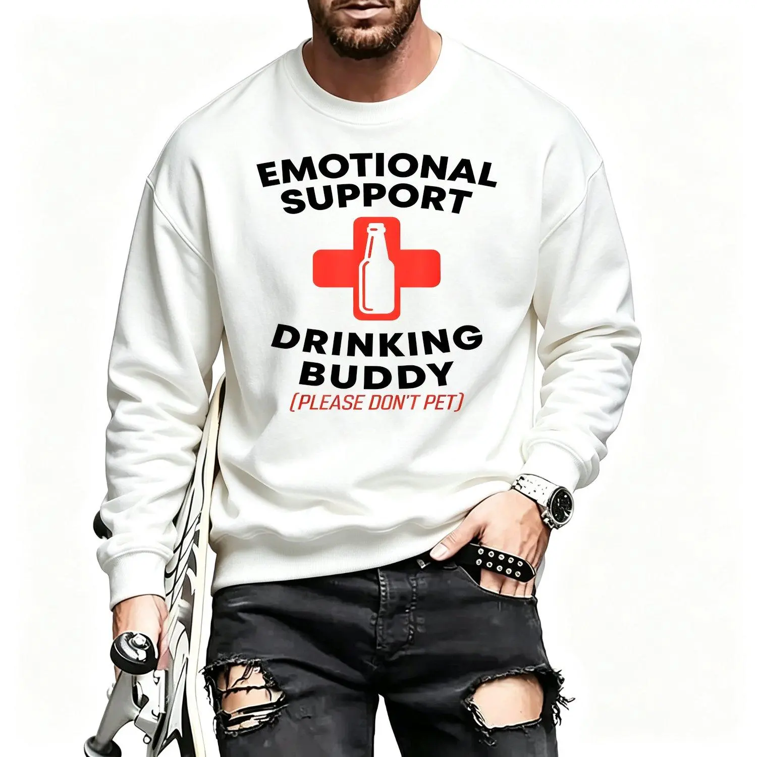 Mens Sports Sweatshirt Emotional Support Drinking Buddy Adult Funny Drinking Top Casual Athletic Pullover Comfortable Fashionable