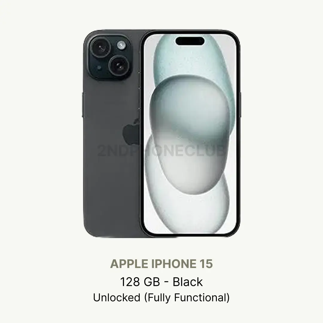 Refurbished  Apple iPhone 15 128GB All Colors Unlocked Smartphone - Excellent Condition, Factory Unlocked, 128GB Storage, Fully Functional, Includes Charging Cable & White Box