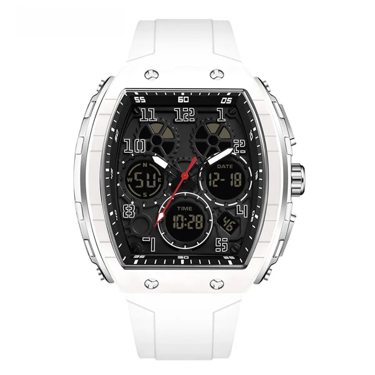 Boys' Analog-Digital Sports Watch - Waterproof, Luminous Nightlight, Alarm, Hourly Chime, Barrel Dial, Dual Time, Trendy Silicone Strap, Acrylic Mirror, Black & Silver, March Release, Black And Silver, 75Mah