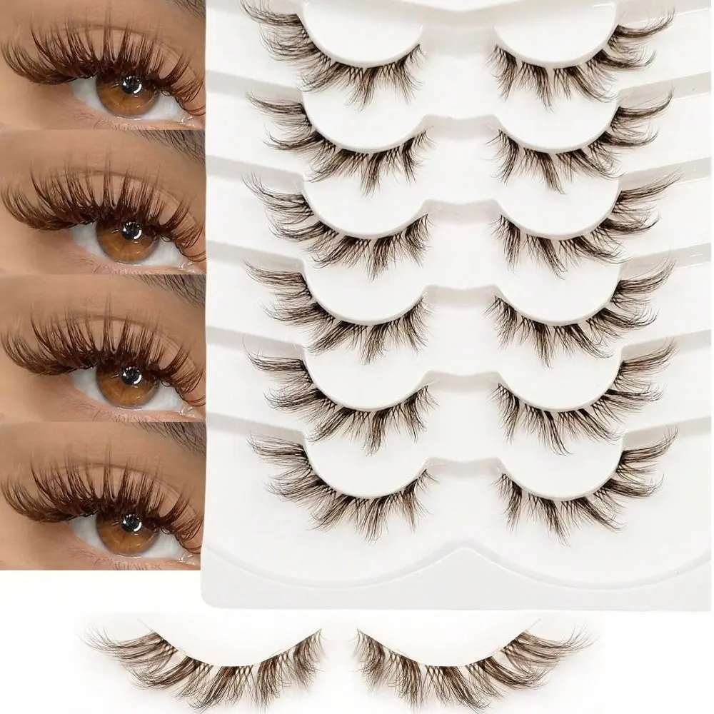 New 6 pairs of fluffy brown false eyelashes, Synthetic Lashes, transparent rod, invisible band, cross pattern, curled fox style, Eyelash Falsies, Fake Lash