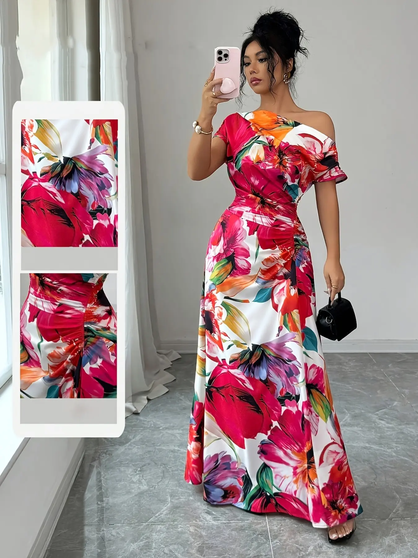 Women's New Fashion Elegant Minimalist Print Asymmetric Shoulder Waist Pleated A-Line Long Dress, Womenswear, Perfect for Office, New Year, Street, French Romantic, Casual, Middle Eastern Retro, Bohemian, Asymmetrical