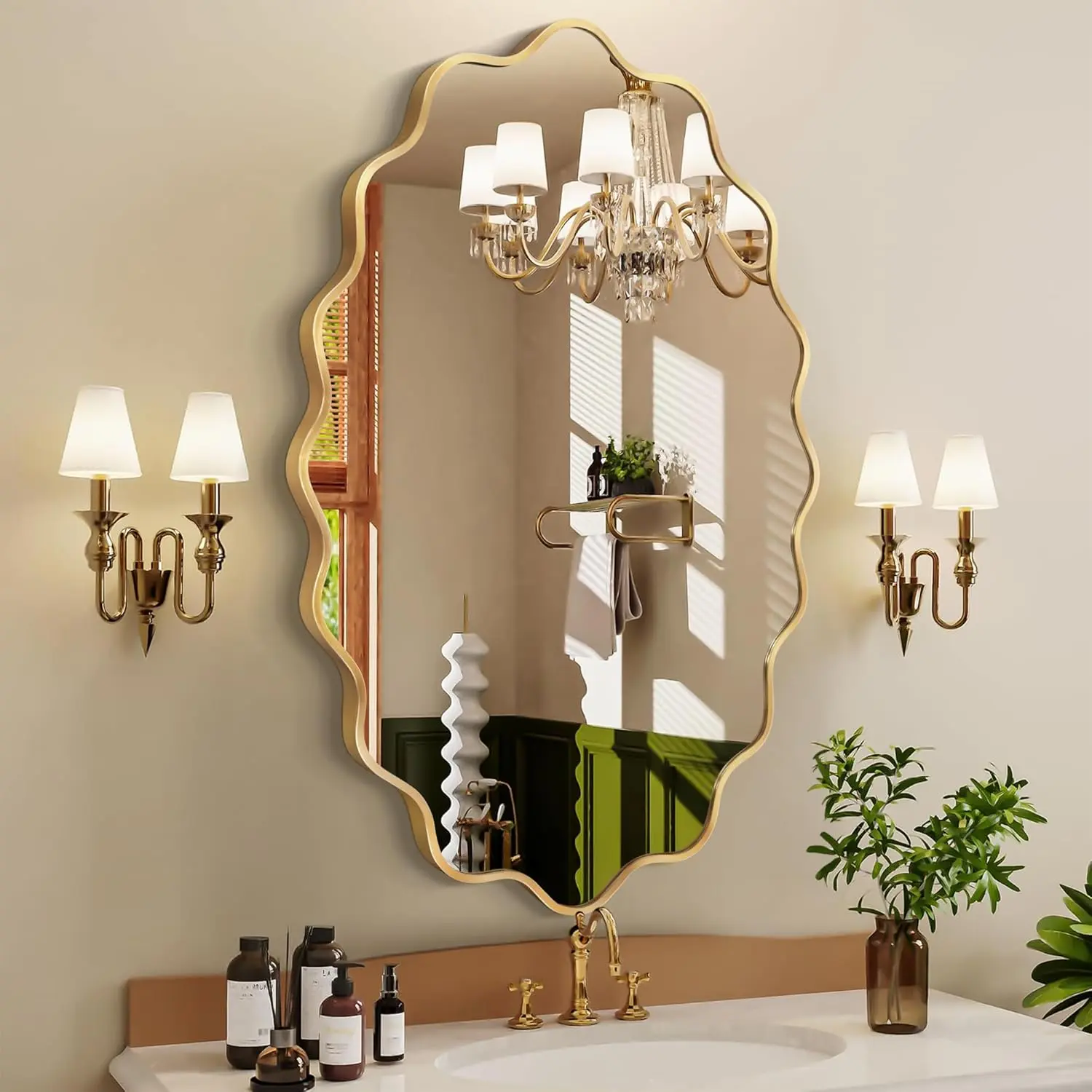 TVF Oval Wall Mirror, 22" x 30" Wavy Bathroom Mirror for Wall with Brushed Alloy Steel Frame&Shatter-Proof Glass, Hanging Decorative Wall Mirrors for Bathroom Sink, Bedroom, Entryway
