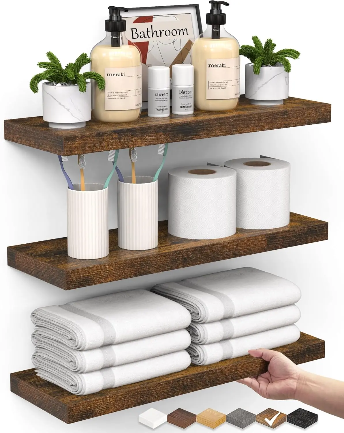 Bathroom Floating Shelves for Wall Set of 3 - Rustic Brown Farmhouse Wood Shelves Over Toilet for Bedroom, Kitchen, or Living Room Decor Display, Storage for Plants, Toilet Paper or Bath Towels