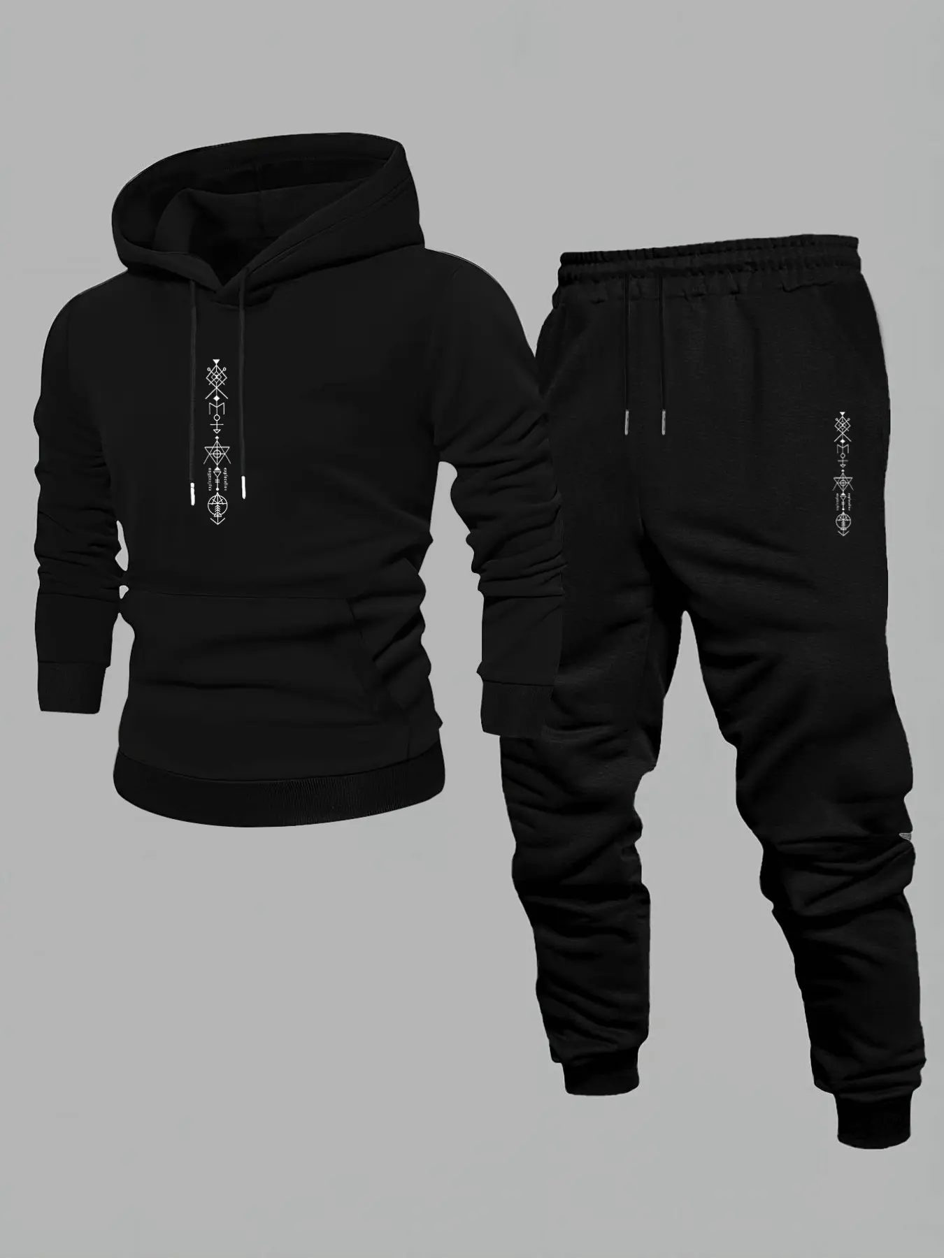 Men's Sweatshirt Set Outfit with Irregular Geometric Print Fitted Hooded Top and Drawstring Casual Pants, Long Sleeve for Fall & Winter