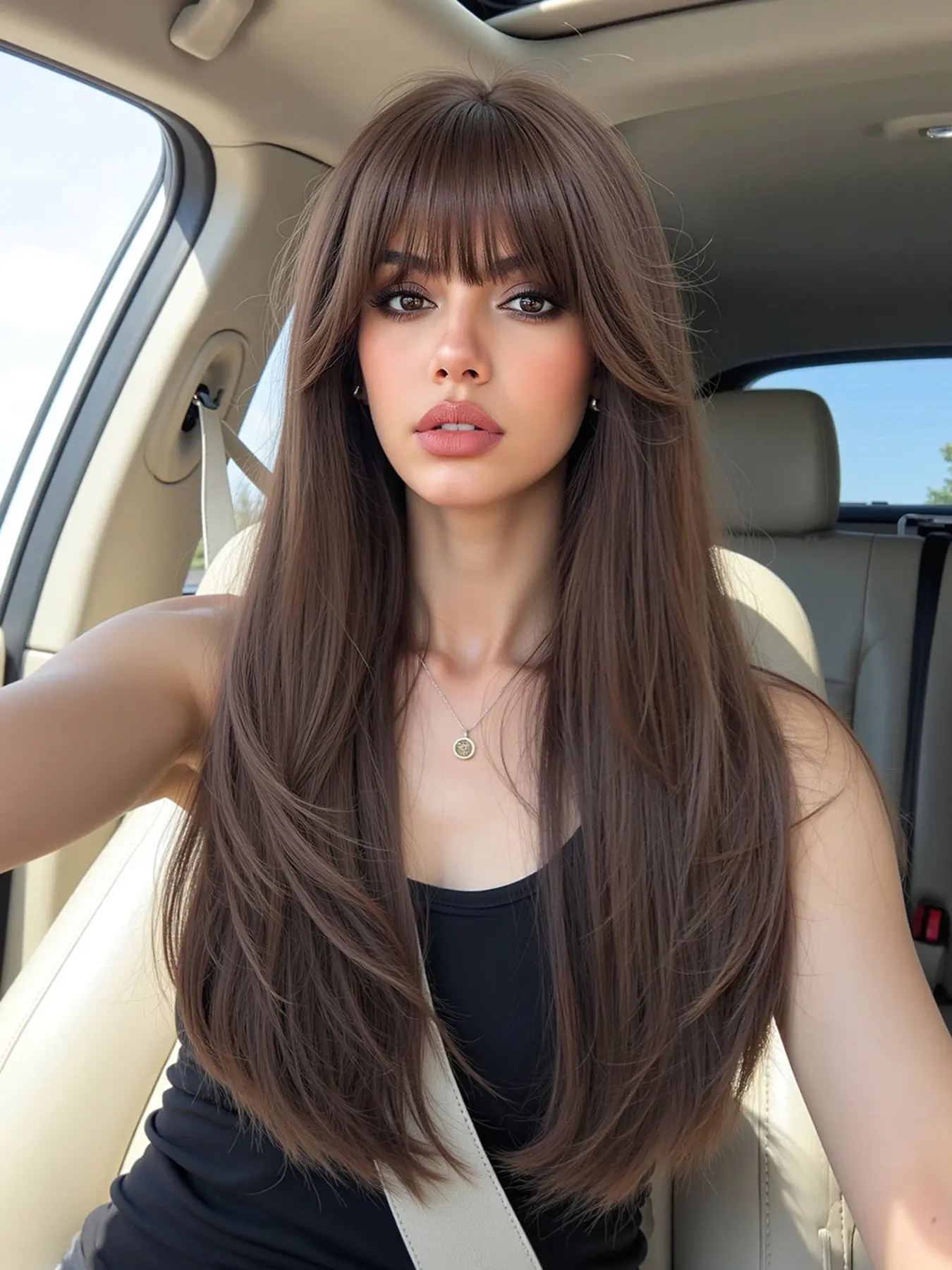 24 Inch Long Straight Wig with Bangs, Synthetic Hair Wigs, Synthetic Fiber Wigs, Synthetic Machine Wigs, Straight Layered Wigs, Natural Looking Wig, Natural Fashion Style for Daily Wear, Perfect for All Seasons and Music Festivals