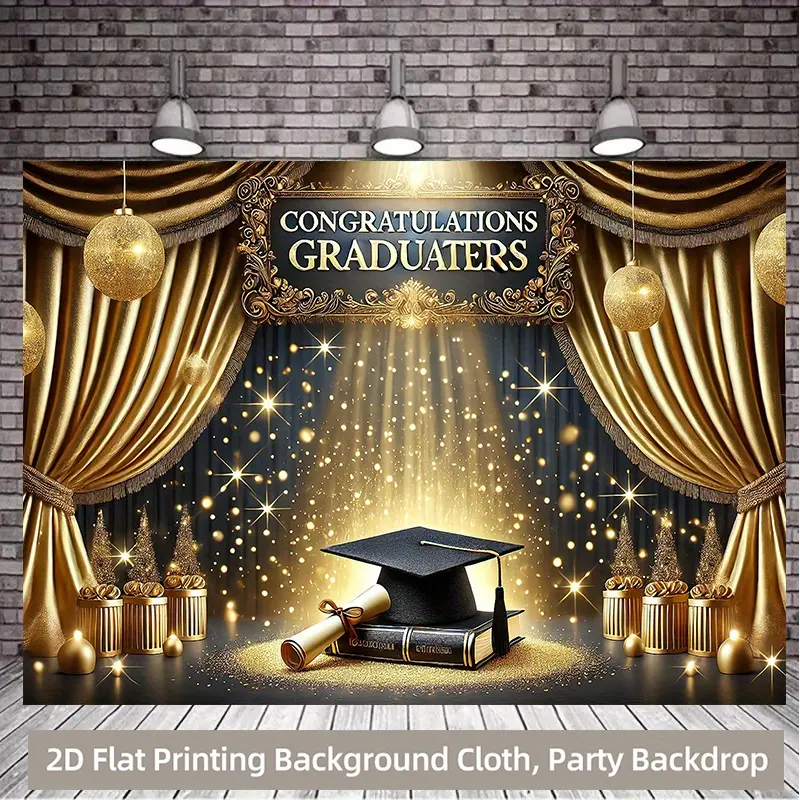 Graduation & Golden Celebration Backdrop – Festive Party Tapestry, Wall Hanging, Photography Background, Polyester HD Print, Birthday, Photo Booth, Event Decor