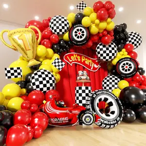 170PCS Race Car Balloon Arch Kit with Checkered Flags, Red, Black, and Yellow Balloons for Party Decor