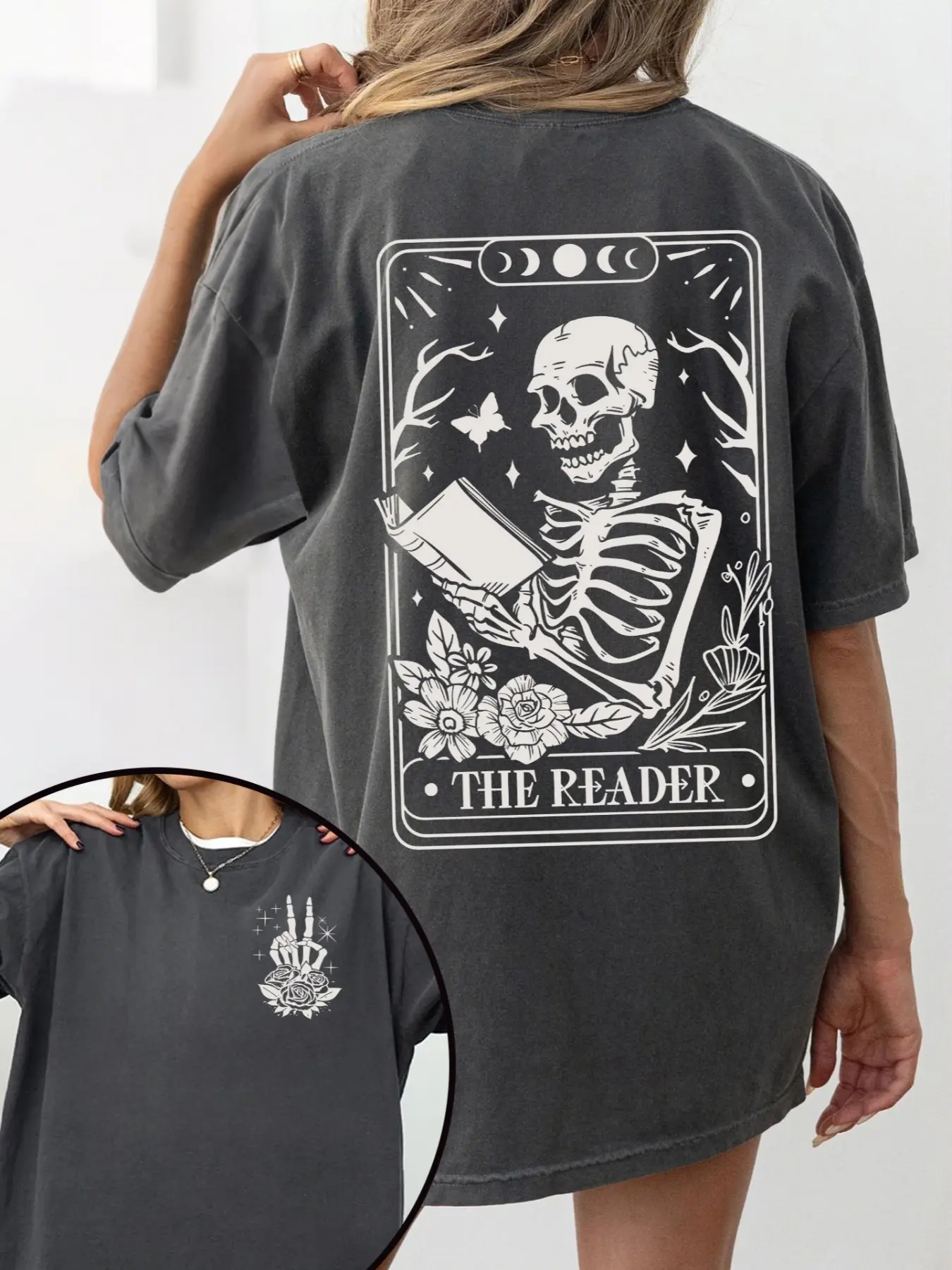 "The Reader" Tarot Skeleton Nerd Style Women's T-shirt, washed black vintage, Summer Fitted Top T-shirt with occult art, Graphic, for dark academia fans and bookworms. Suitable for casual outings, literary events, and gothic fashion looks