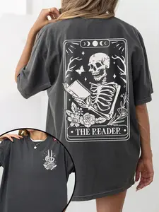 "The Reader" Tarot Skeleton Nerd Style Women's T-shirt, washed black vintage, Summer Fitted T-shirt with occult art, Graphic, for dark academia fans and bookworms. Suitable for casual outings, literary events, and gothic fashion looks