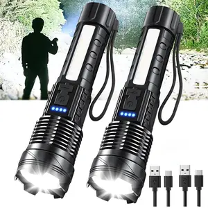 2 Pack Rechargeable LED Flashlights with Zoomable Beam, 6 Lighting Modes, COB Side Light, USB Charging, Power Display & Red Blue Flashing Light for Camping and Outdoor Use