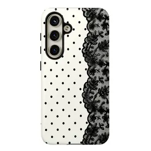 Black Polka Dot Lace Print Pattern Phone Cases ,Shockproof Rugged Cover Dual Layer Soft TPU Hard Bumper Shell for Samsung S26 S25 S24 S23 S22 S21 NOTE20 Ultra A71 A56 A36 Plus FE A06 A13 A14 A15 A16 A23 A25 A26 A34 A52 A53 A54 A55 Edge