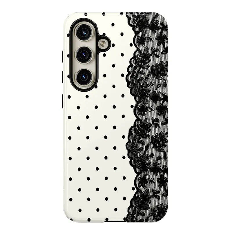 Black Polka Dot Lace Print Pattern Phone Cases ,Shockproof Rugged Cover Dual Layer Soft TPU Hard Bumper Shell for Samsung S26 S25 S24 S23 S22 S21 NOTE20 Ultra A71 A56 A36 Plus FE A06 A13 A14 A15 A16 A23 A25 A26 A34 A52 A53 A54 A55 Edge, Accessories, Smart