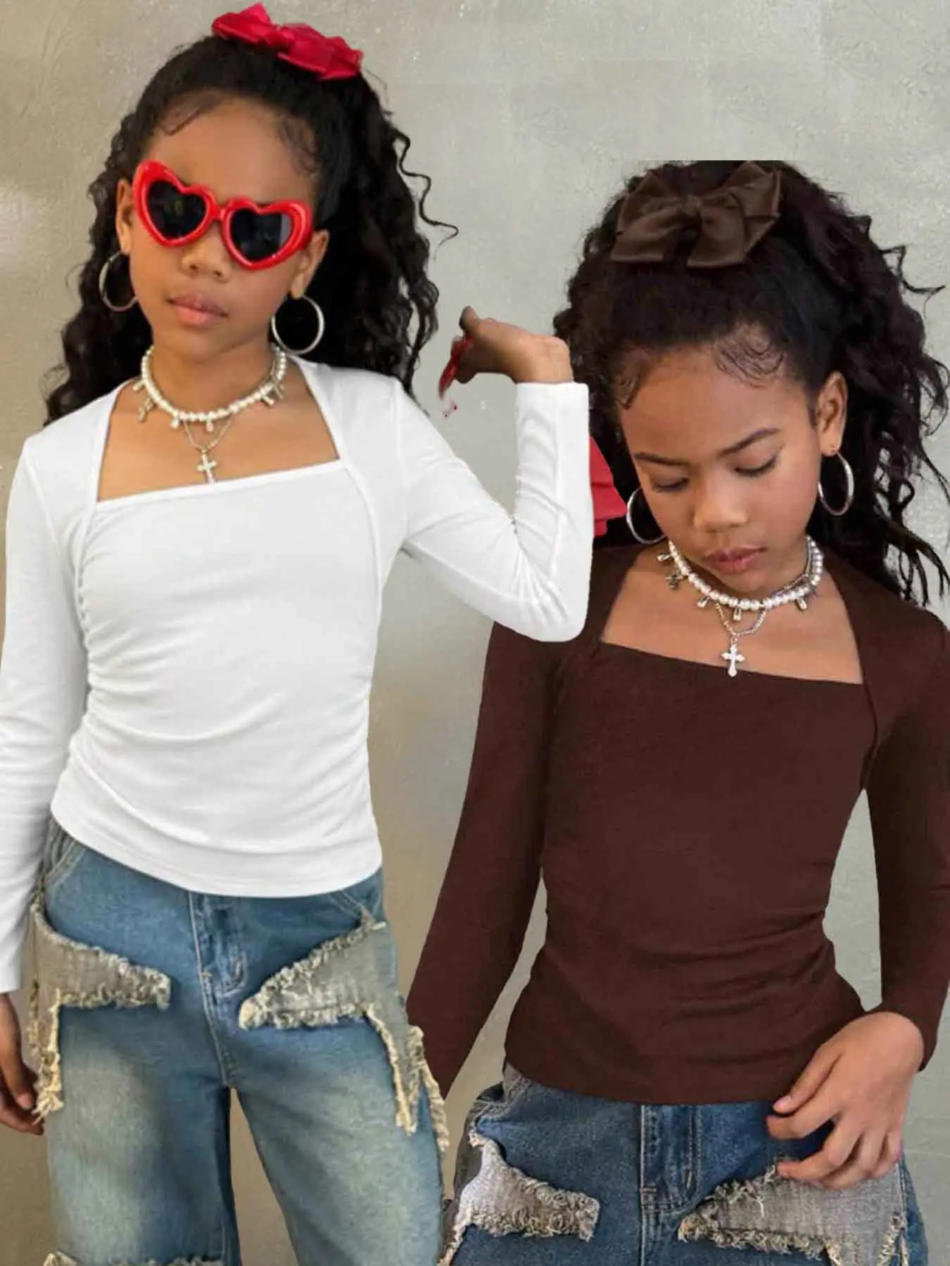 2-piece set of girls' solid color autumn knit long-sleeve base layer tops. Casual Fitted Knitwear, casual and comfortable, simple and versatile, can be worn as an inner or outer layer, machine washable and dry cleanable.