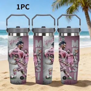 1pc 30oz GOAT Messi:Messi’s Miami EraStainless Steel Cup, Dual-Layer Vacuum Insulated, Leak-Proof Lid & Handle, Reusable Outdoor Camping Mug, Camp Gear