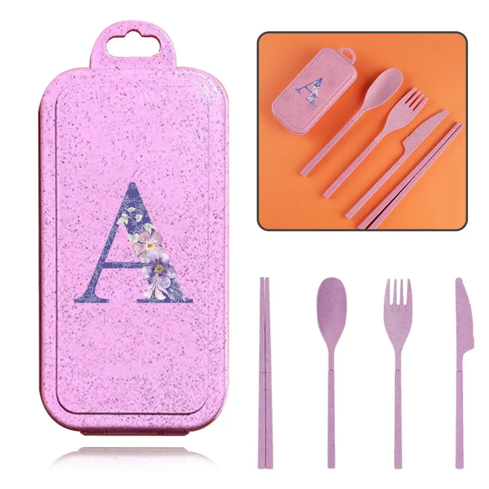 Letter Pattern Cutlery Utensils Set with Case, 4 Counts/set Including Spoon, Fork, Knife & Chopsticks, Reusable Portable Tableware Set for Travel Picnic Camping Tableware Kit