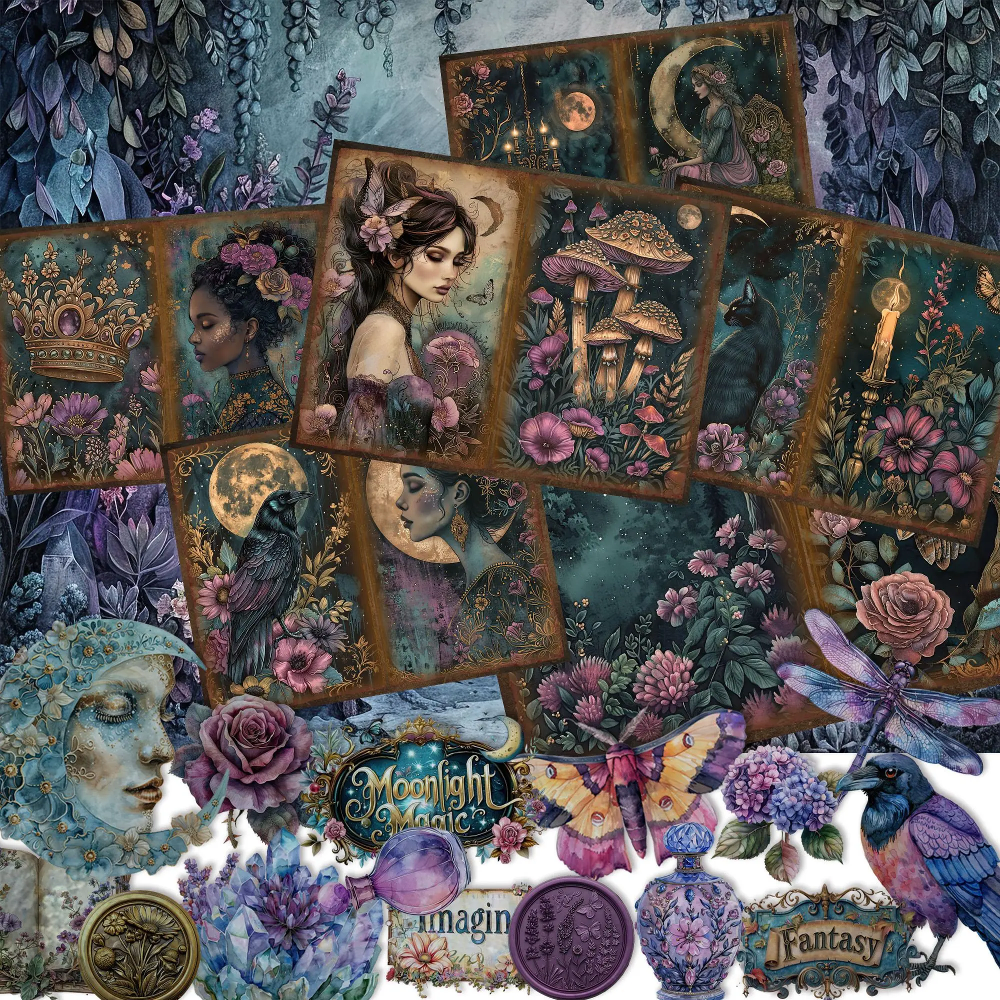 Gothic Midnight Garden Scrapbook Background Paper & Decal Sticker Set, 52pcs/set Including 12pcs Journal Making Material Paper & 40pcs Art Stickers, DIY Crafts, Scrapbook Materials, Crafting Kit, Diy Craft Kit, Scrapbooking Ephemera, Scrapbooking Supplies