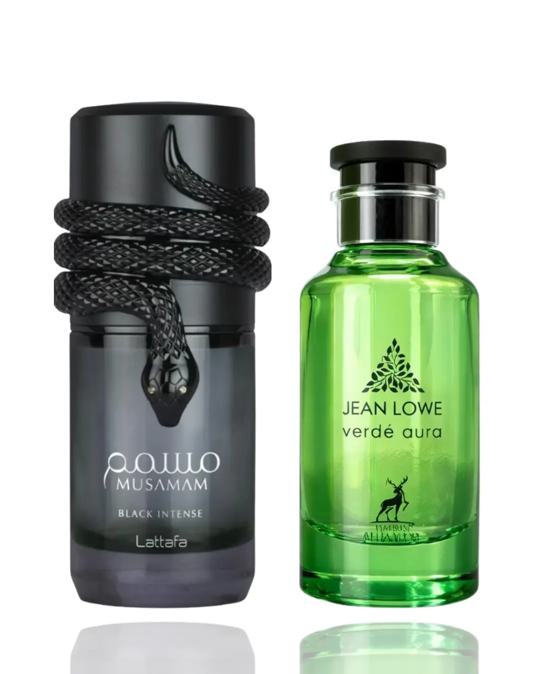 Lattafa Packaged Bundle Unisex Fragrance 2-Piece Set - Musamam Black Intense & Jean Lowe Verde Aura, Aromatic Amberwood, Spicy Oud-Style Dark Amber Scent for Evenings & Layered Wear (2 Bottles)