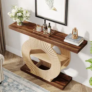 TRIBEWOOD Console Table with Storage, Entryway Sofa Table with Shelves and Circle Base for Living Room Hallway