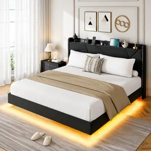 SA-Garvee Floating Bed Frame with LED Lights and Charging Station, Upholstered Full Size Bed Frame with Storage Headboard, Button Tufted Design, No Box Spring Needed, Easy Assembly, Black