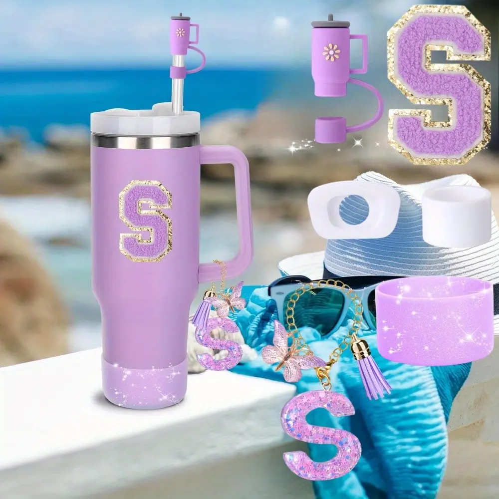 Cup Accessories Set for 30oz/40oz cup with Handle, Including 1pc Silicone Straw Topper Cover Cap and 1pc Boot, Spill Proof Stopper, 1pc Handle Charm, 1pc Initials Sticker(Letter S)(not contain cup)